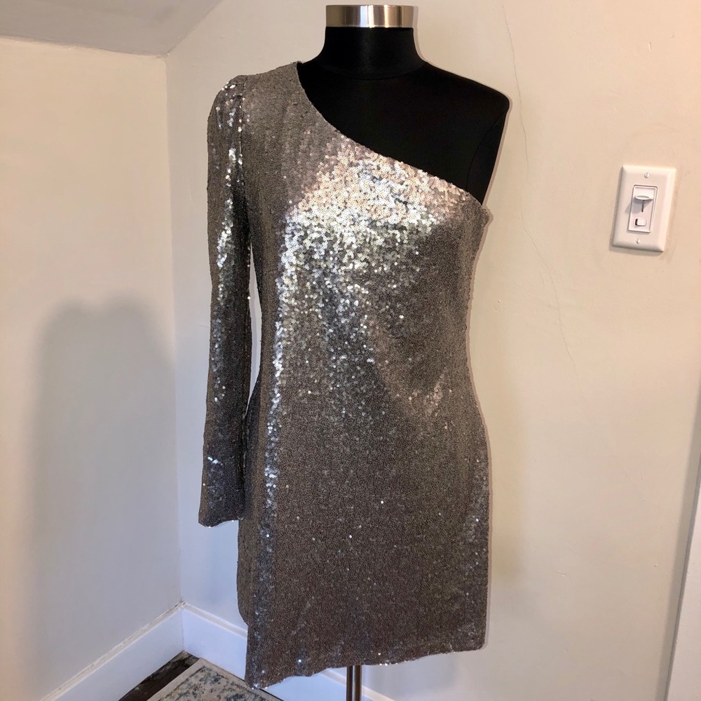 NWT Silver Sequin One Shoulder Mini Dress HOT!